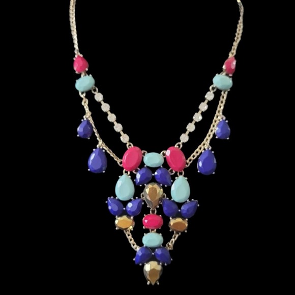 Multi Color Stones Faux Diamonds Gold Color Chain Fashion Necklace - Picture 4 of 12